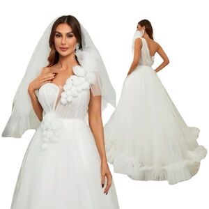 White One Shoulder Appliques Mesh Overlay Wedding Dress
